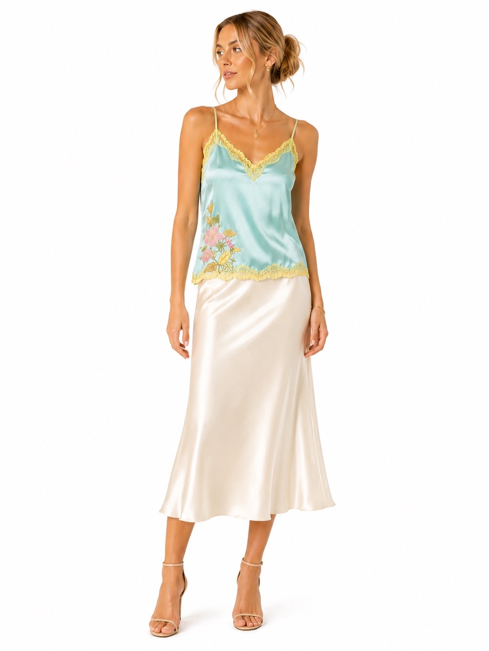 Gold Hawk Tiffany Blue Silk Embroidered Lace Cami Size L NWT